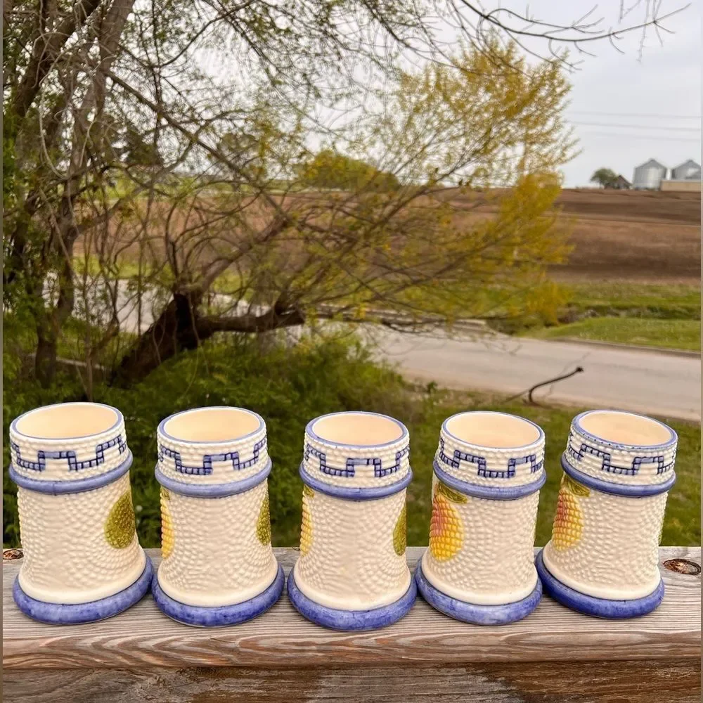 5 White Signed Ceramic Mugs With Fruit Design Made In Mexico With Fruit Design